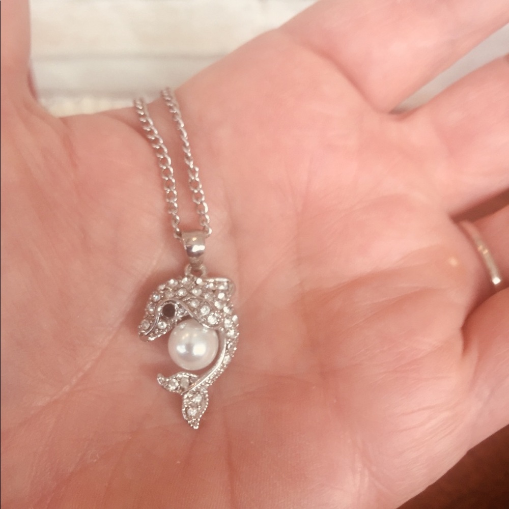 Rhinestone and Pearl Dolphin Silver Necklace